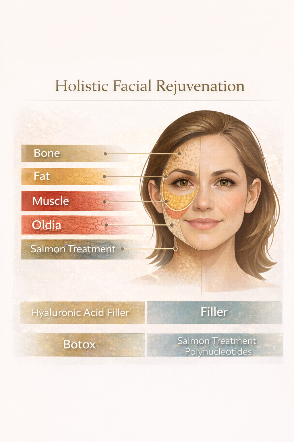 Layered summary: Bone/Fat/Muscle/Skin and linked treatments (English labels)